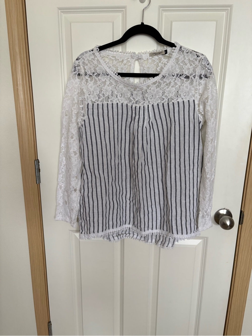 Lace Yoke Striped Long-Sleeve Blouse — White and Black